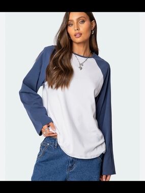 Edikted Raglan Long Sleeve Top - White with Navy Sleeves